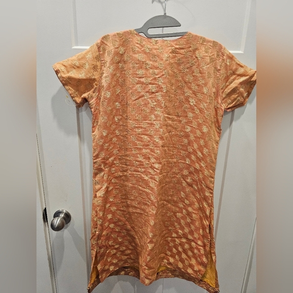 "XL Peach Gold Embroidered Kurti Tunic Dress Beaded Ethnic Boho Festival Wear" - Picture 6 of 10